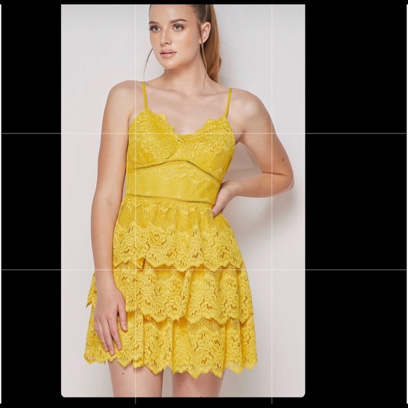 Teeze Me Yellow Lace Tiered Fit and Flare women’s Mini Dress - Picture 2 of 8